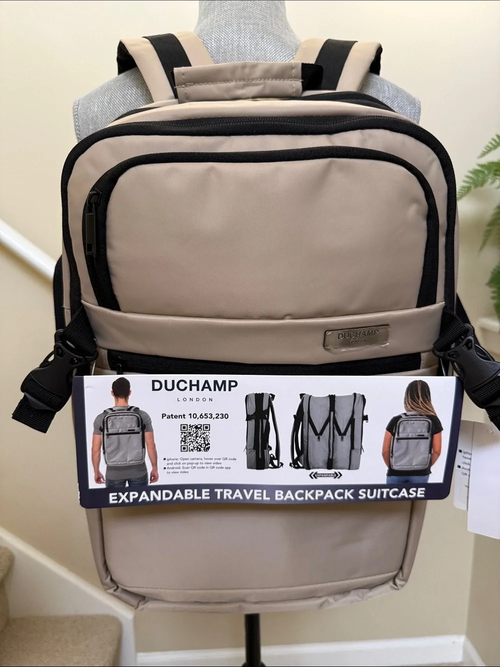 Duchamp Beige Expandable Travel Backpack/ Suitcase with laptop pocket and USB.